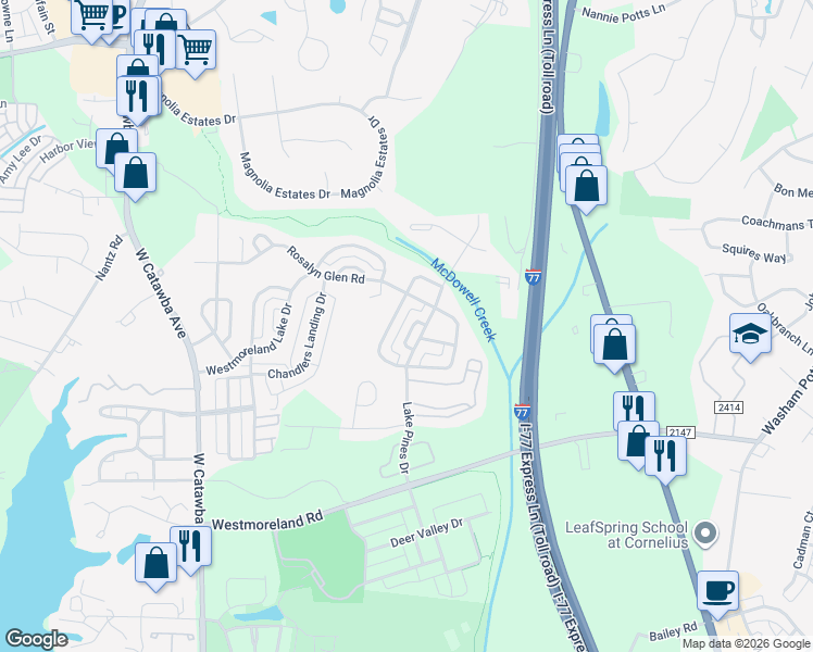 map of restaurants, bars, coffee shops, grocery stores, and more near 8601 Lake Pines Drive in Cornelius