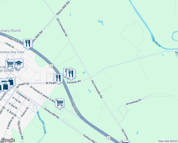 map of restaurants, bars, coffee shops, grocery stores, and more near 1615 Old Cornwallis Road in Princeton