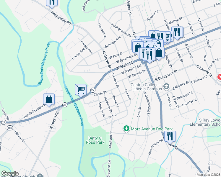 map of restaurants, bars, coffee shops, grocery stores, and more near 514 Childs Street in Lincolnton