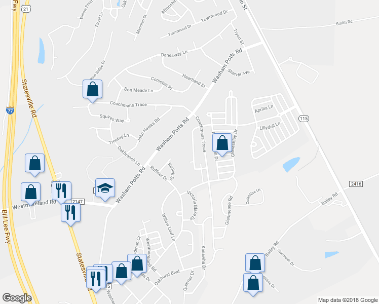map of restaurants, bars, coffee shops, grocery stores, and more near 10225 Meadow Crossing Lane in Cornelius