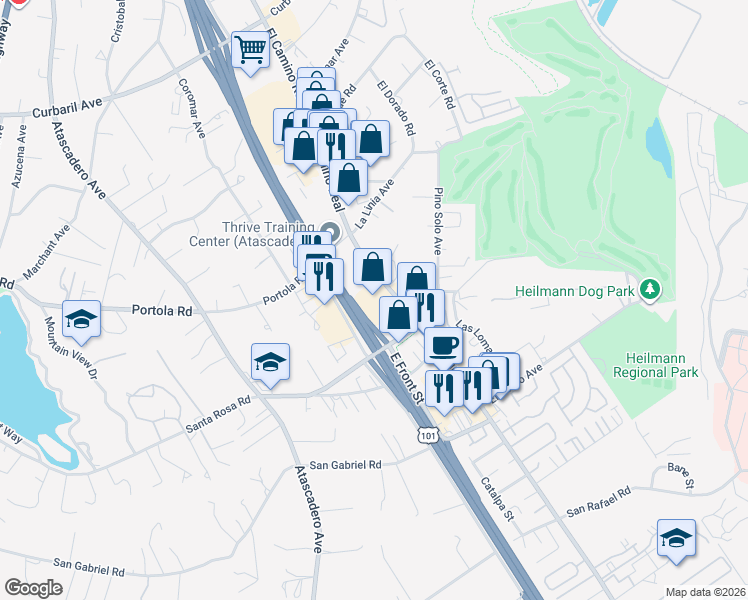 map of restaurants, bars, coffee shops, grocery stores, and more near 9330 El Camino Real in Atascadero