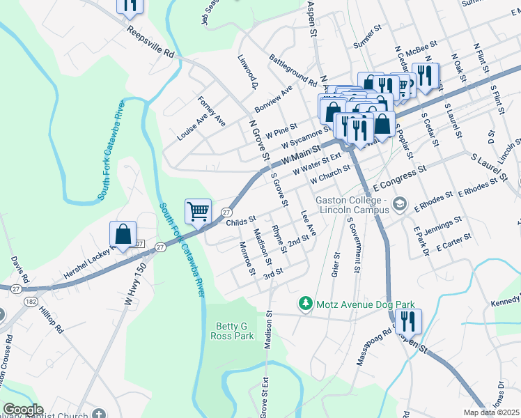 map of restaurants, bars, coffee shops, grocery stores, and more near 514 Childs Street in Lincolnton