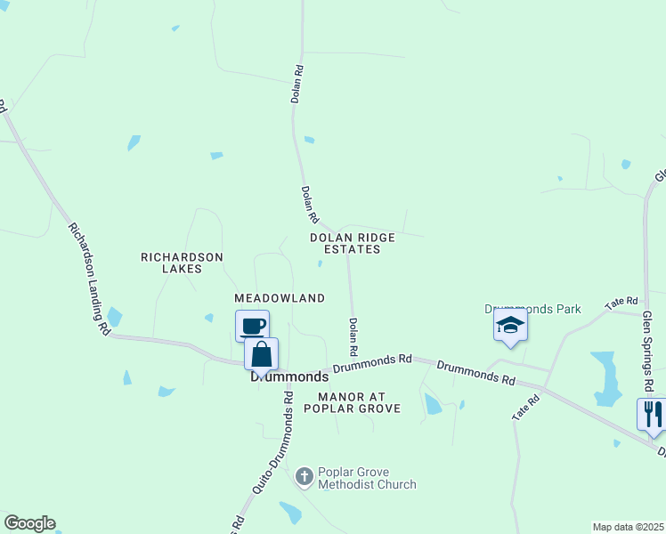 map of restaurants, bars, coffee shops, grocery stores, and more near 334 Meadowland Drive in Drummonds