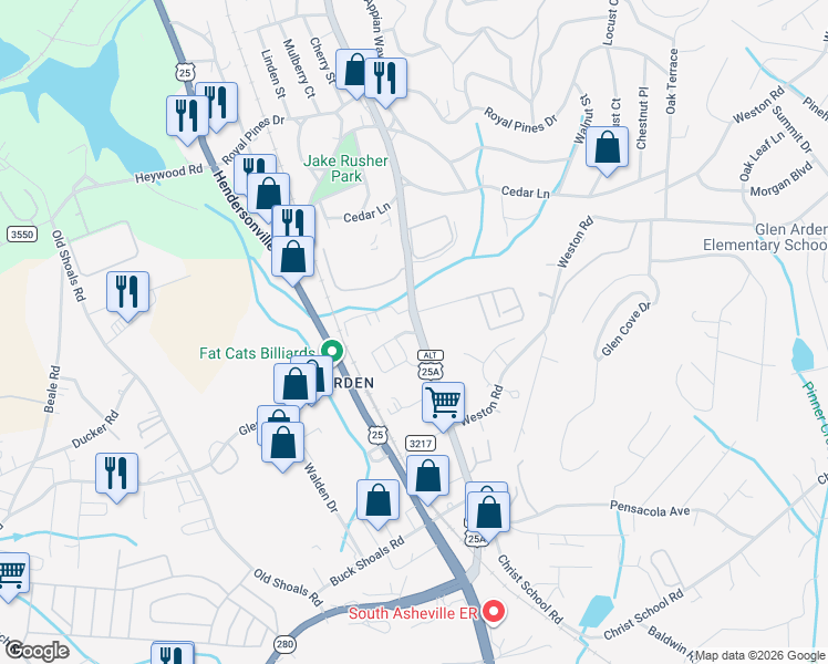 map of restaurants, bars, coffee shops, grocery stores, and more near 3871 Sweeten Creek Road in Arden