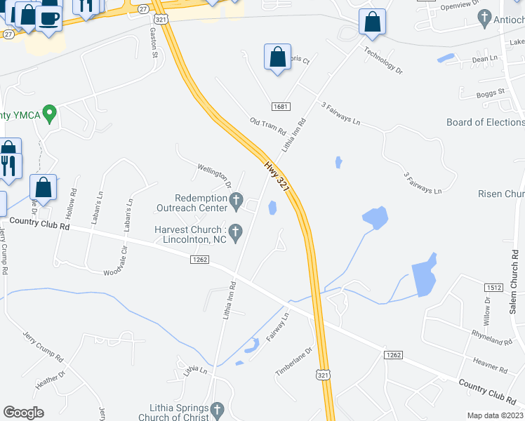 map of restaurants, bars, coffee shops, grocery stores, and more near 595 Lithia Inn Road in Lincolnton