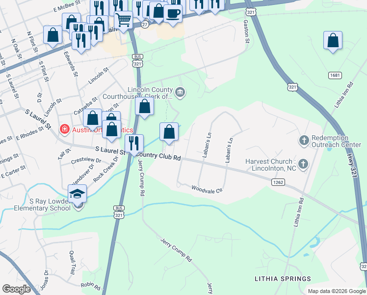 map of restaurants, bars, coffee shops, grocery stores, and more near 207 Hollow Road in Lincolnton