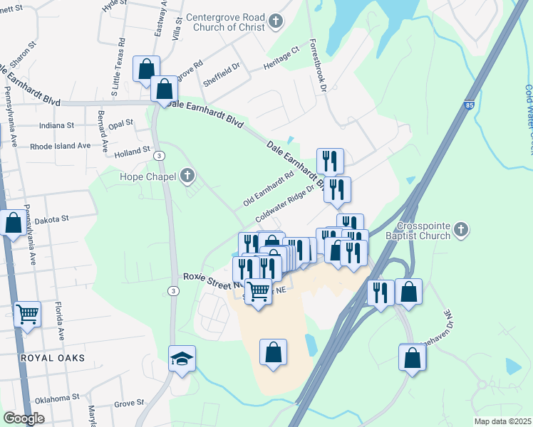 map of restaurants, bars, coffee shops, grocery stores, and more near 2371 Coldwater Ridge Drive in Kannapolis