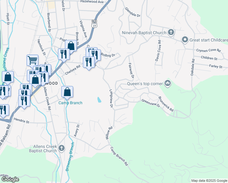 map of restaurants, bars, coffee shops, grocery stores, and more near 20 Greenview Drive in Waynesville