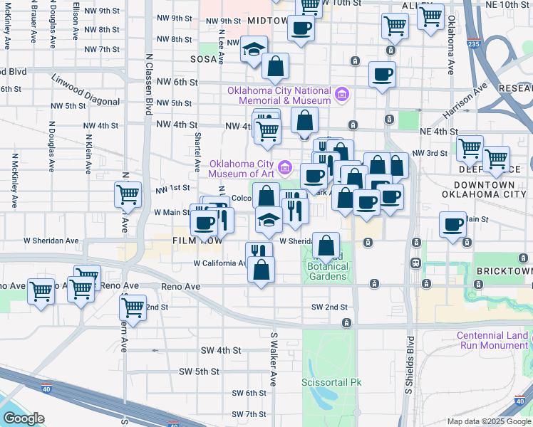 map of restaurants, bars, coffee shops, grocery stores, and more near 500 West Main Street in Oklahoma City