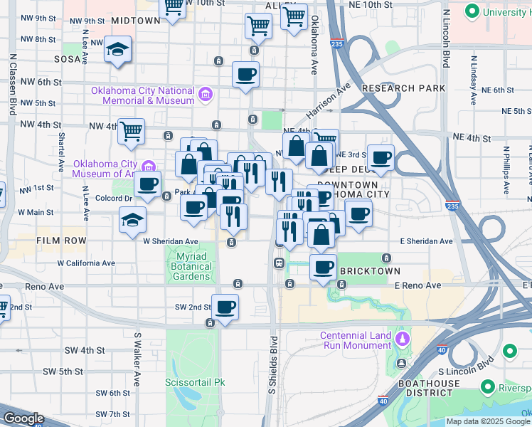 map of restaurants, bars, coffee shops, grocery stores, and more near 101 North East K Gaylord Boulevard in Oklahoma City