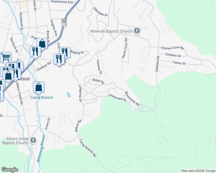 map of restaurants, bars, coffee shops, grocery stores, and more near 55 Brunswick Drive in Waynesville