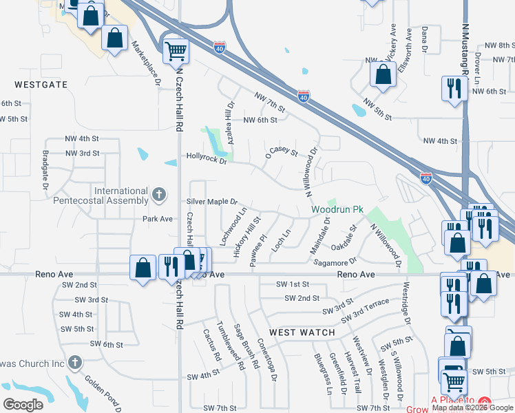 map of restaurants, bars, coffee shops, grocery stores, and more near 156 Hickory Hill Street in Yukon