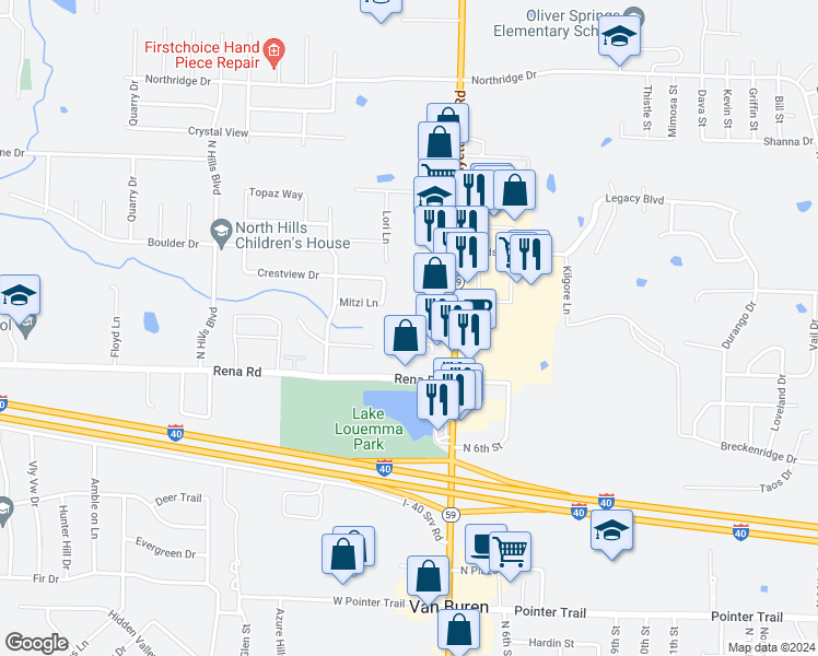 map of restaurants, bars, coffee shops, grocery stores, and more near 51 Cedar Creek Court in Van Buren