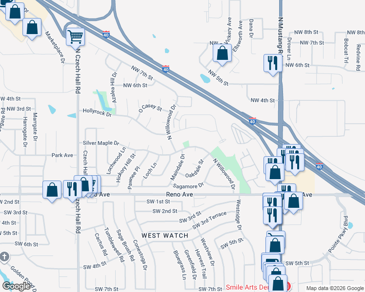 map of restaurants, bars, coffee shops, grocery stores, and more near 11801 Silver Maple Drive in Yukon