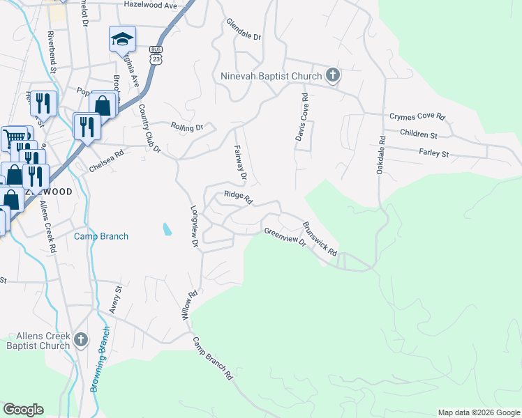 map of restaurants, bars, coffee shops, grocery stores, and more near 55 Brunswick Drive in Waynesville