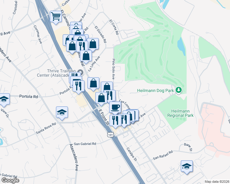 map of restaurants, bars, coffee shops, grocery stores, and more near 9415 Casa Bella Court in Atascadero