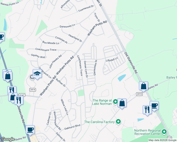 map of restaurants, bars, coffee shops, grocery stores, and more near 9426 Jornada Lane in Cornelius