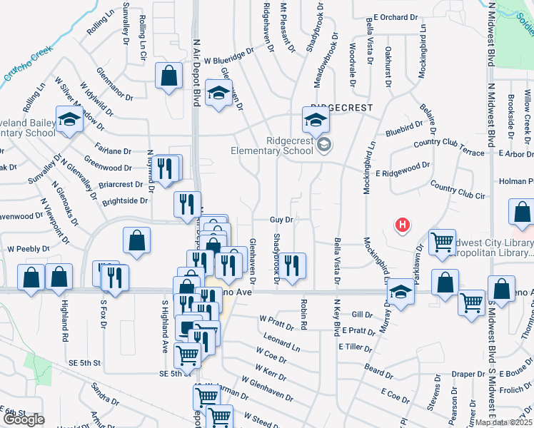 map of restaurants, bars, coffee shops, grocery stores, and more near 308 Guy Drive in Midwest City