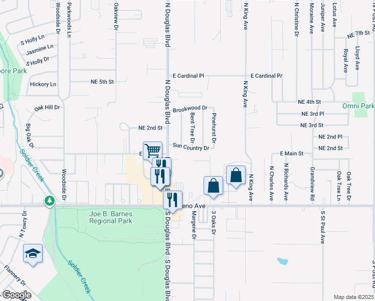 map of restaurants, bars, coffee shops, grocery stores, and more near 9020 Sun Country Drive in Midwest City