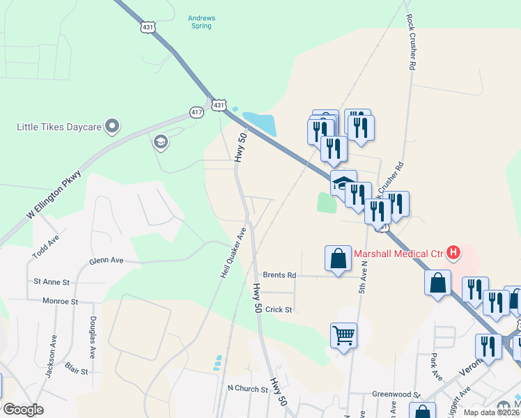 map of restaurants, bars, coffee shops, grocery stores, and more near 1175 Franklin Road in Lewisburg