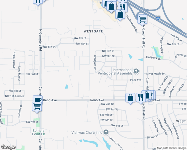 map of restaurants, bars, coffee shops, grocery stores, and more near 21 North Greengate Drive in Yukon