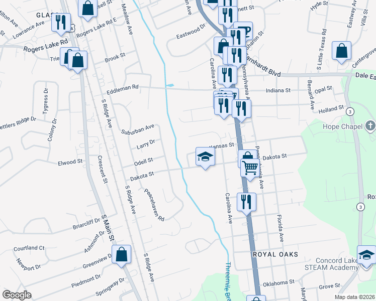 map of restaurants, bars, coffee shops, grocery stores, and more near 503 Kansas Street in Kannapolis