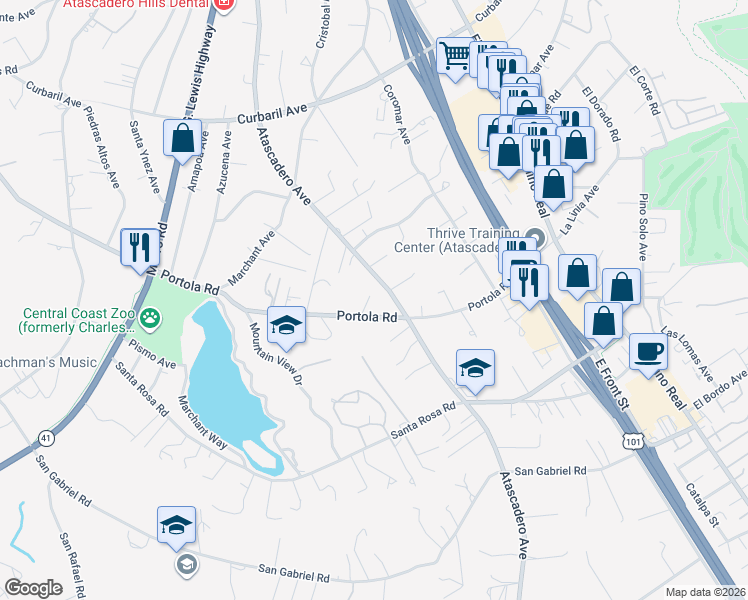 map of restaurants, bars, coffee shops, grocery stores, and more near 8545 Portola Road in Atascadero
