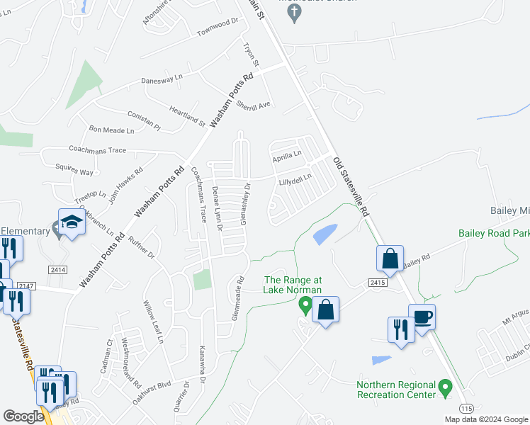 map of restaurants, bars, coffee shops, grocery stores, and more near 10978 Heritage Green Drive in Cornelius