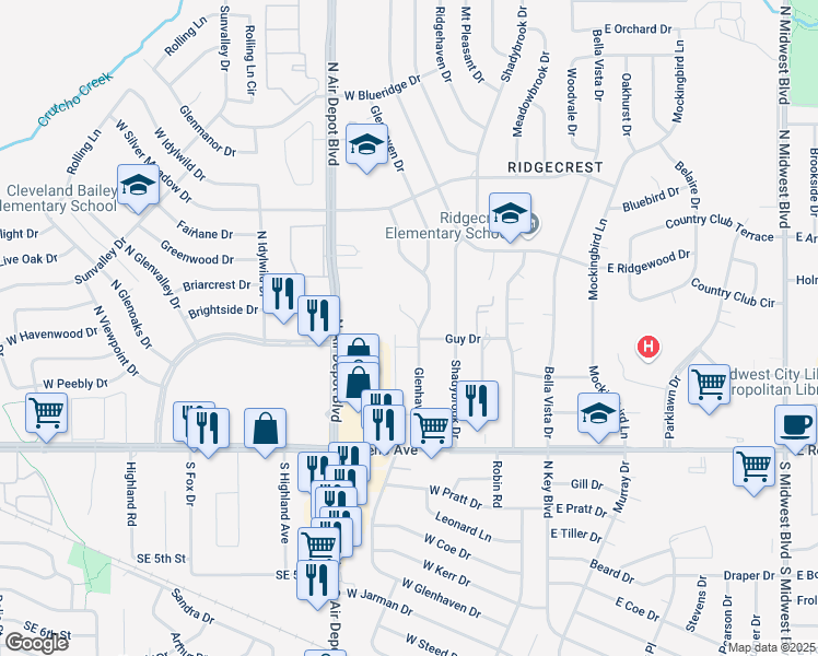 map of restaurants, bars, coffee shops, grocery stores, and more near 7108 Hilltop Court in Midwest City