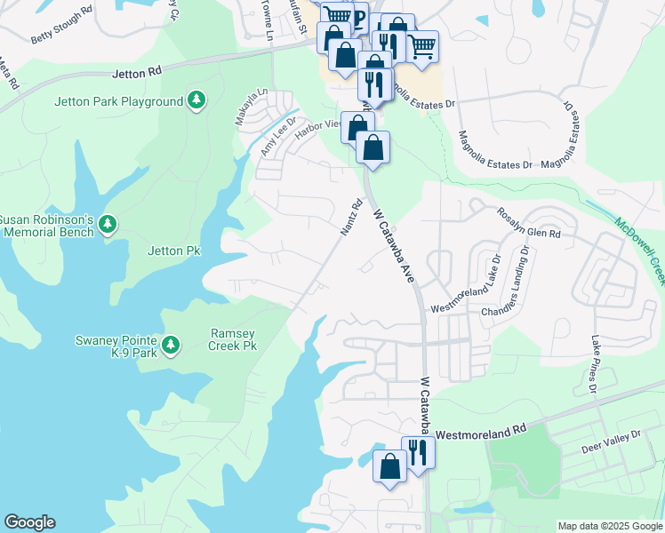 map of restaurants, bars, coffee shops, grocery stores, and more near 18710 Nantz Road in Cornelius