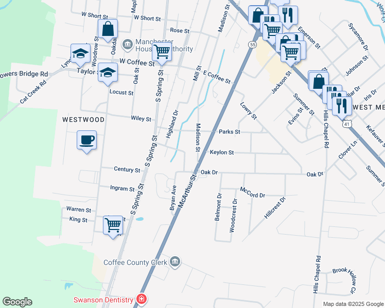 map of restaurants, bars, coffee shops, grocery stores, and more near 1110 Madison Street in Manchester