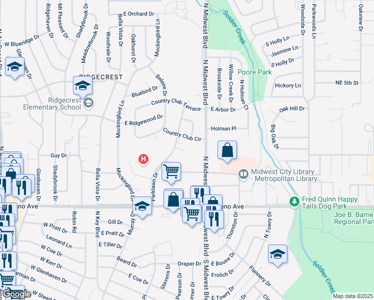 map of restaurants, bars, coffee shops, grocery stores, and more near 2900 Parklawn Drive in Midwest City