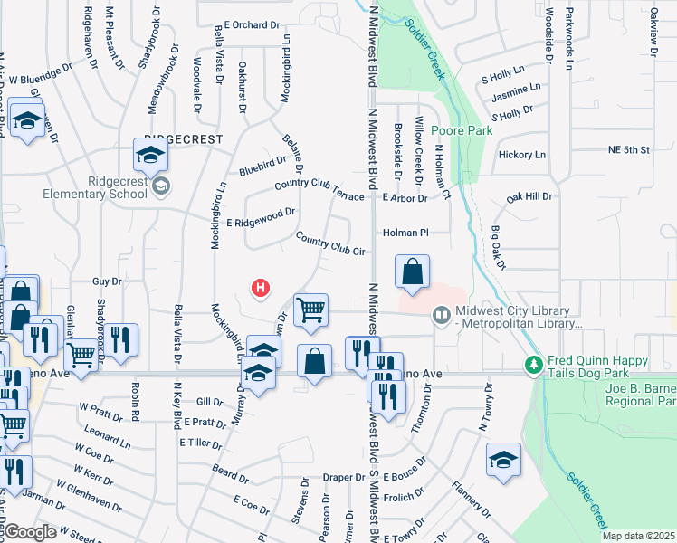 map of restaurants, bars, coffee shops, grocery stores, and more near 2900 Parklawn Drive in Midwest City
