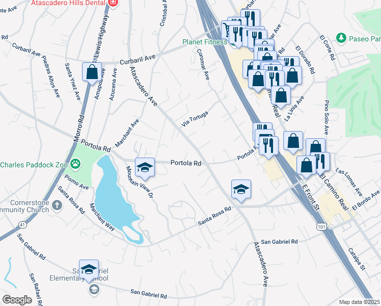 map of restaurants, bars, coffee shops, grocery stores, and more near 8545 Portola Road in Atascadero