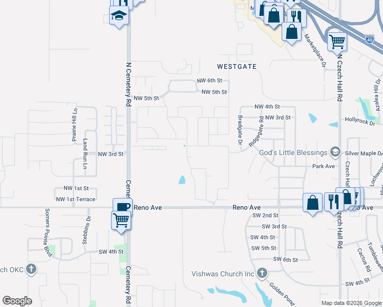 map of restaurants, bars, coffee shops, grocery stores, and more near 424 North Cemetery Road in Yukon