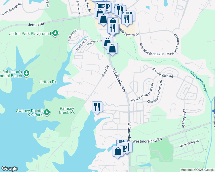 map of restaurants, bars, coffee shops, grocery stores, and more near 18710 Nantz Road in Cornelius