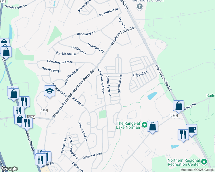 map of restaurants, bars, coffee shops, grocery stores, and more near 19617 Denae Lynn Drive in Cornelius