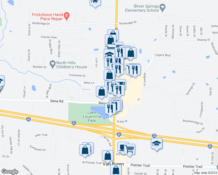 map of restaurants, bars, coffee shops, grocery stores, and more near 100 Cedar Creek Court in Van Buren