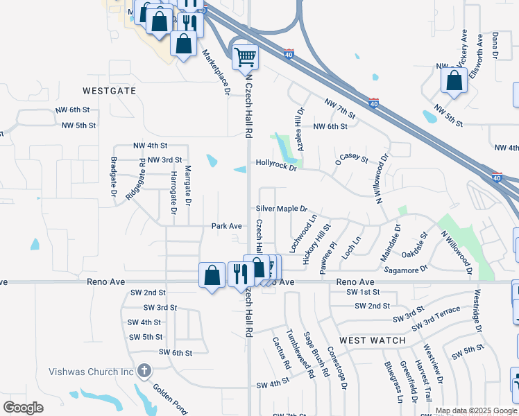 map of restaurants, bars, coffee shops, grocery stores, and more near Czech Hall Place in Oklahoma City