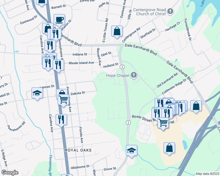 map of restaurants, bars, coffee shops, grocery stores, and more near 1744 Concord Lake Road in Kannapolis
