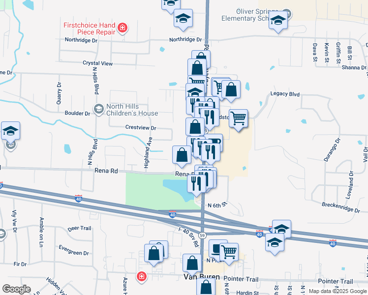 map of restaurants, bars, coffee shops, grocery stores, and more near 31 Cedar Creek Court in Van Buren