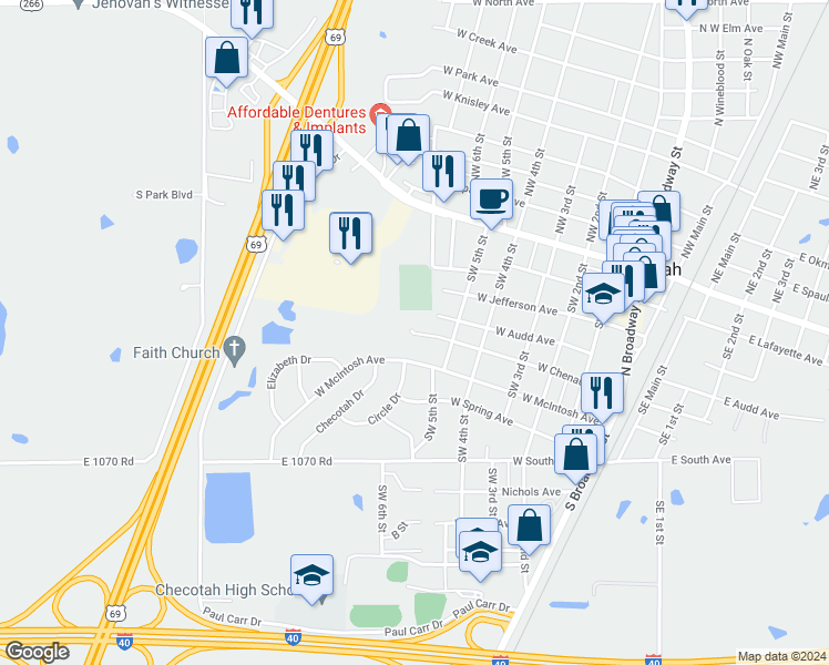 map of restaurants, bars, coffee shops, grocery stores, and more near 911 West McIntosh Avenue in Checotah