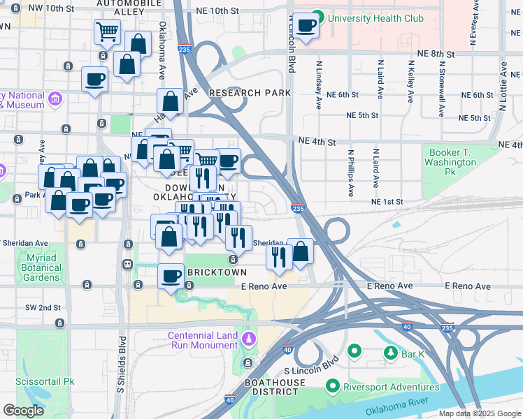 map of restaurants, bars, coffee shops, grocery stores, and more near 505 East Sheridan Avenue in Oklahoma City