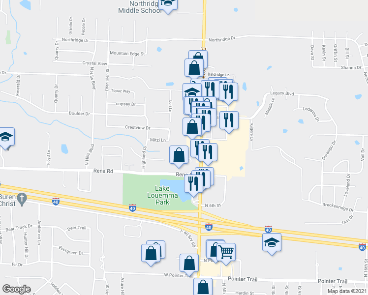 map of restaurants, bars, coffee shops, grocery stores, and more near 170 Cedar Creek Court in Van Buren