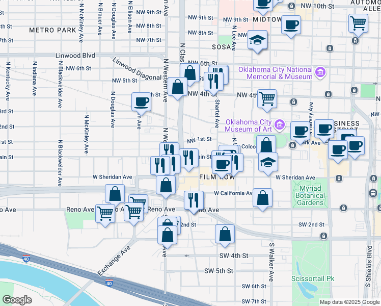 map of restaurants, bars, coffee shops, grocery stores, and more near 913 West Main Street in Oklahoma City