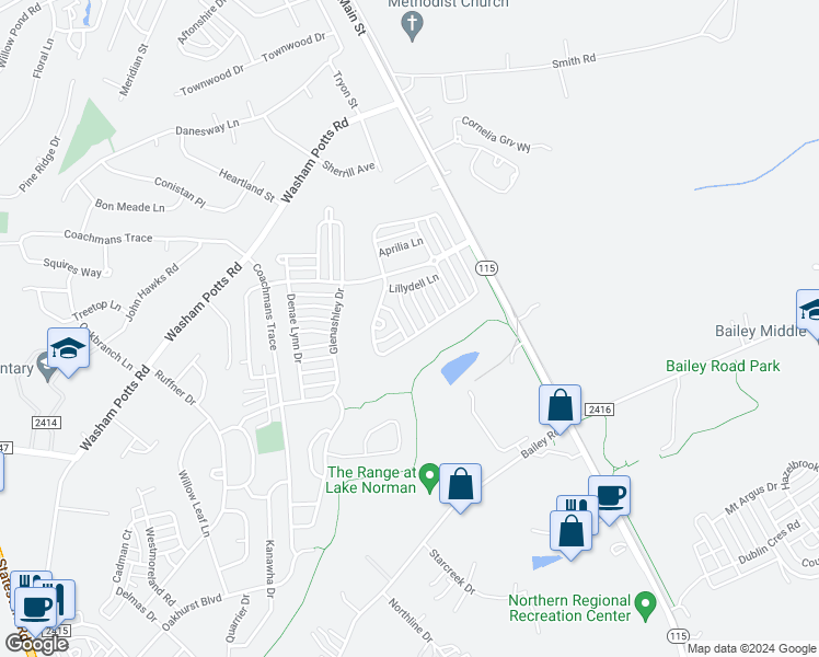 map of restaurants, bars, coffee shops, grocery stores, and more near 9244 Ducati Lane in Cornelius