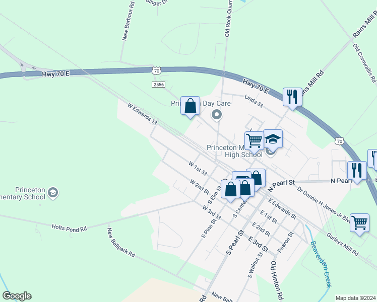 map of restaurants, bars, coffee shops, grocery stores, and more near 507 West Edwards Street in Princeton