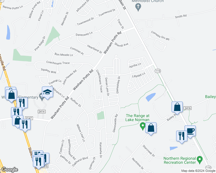 map of restaurants, bars, coffee shops, grocery stores, and more near 11640 Truan Lane in Cornelius