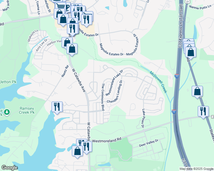 map of restaurants, bars, coffee shops, grocery stores, and more near 9227 Island Overlook Court in Cornelius