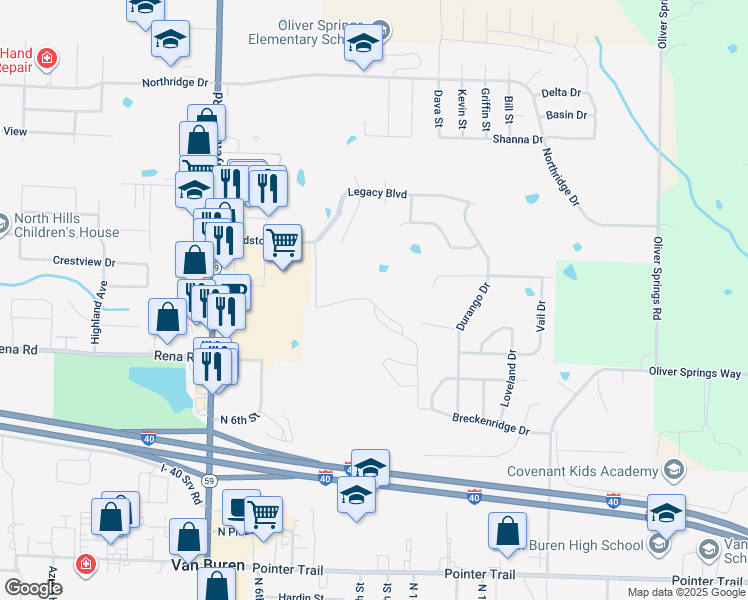 map of restaurants, bars, coffee shops, grocery stores, and more near 2052 Kilgore Lane in Van Buren
